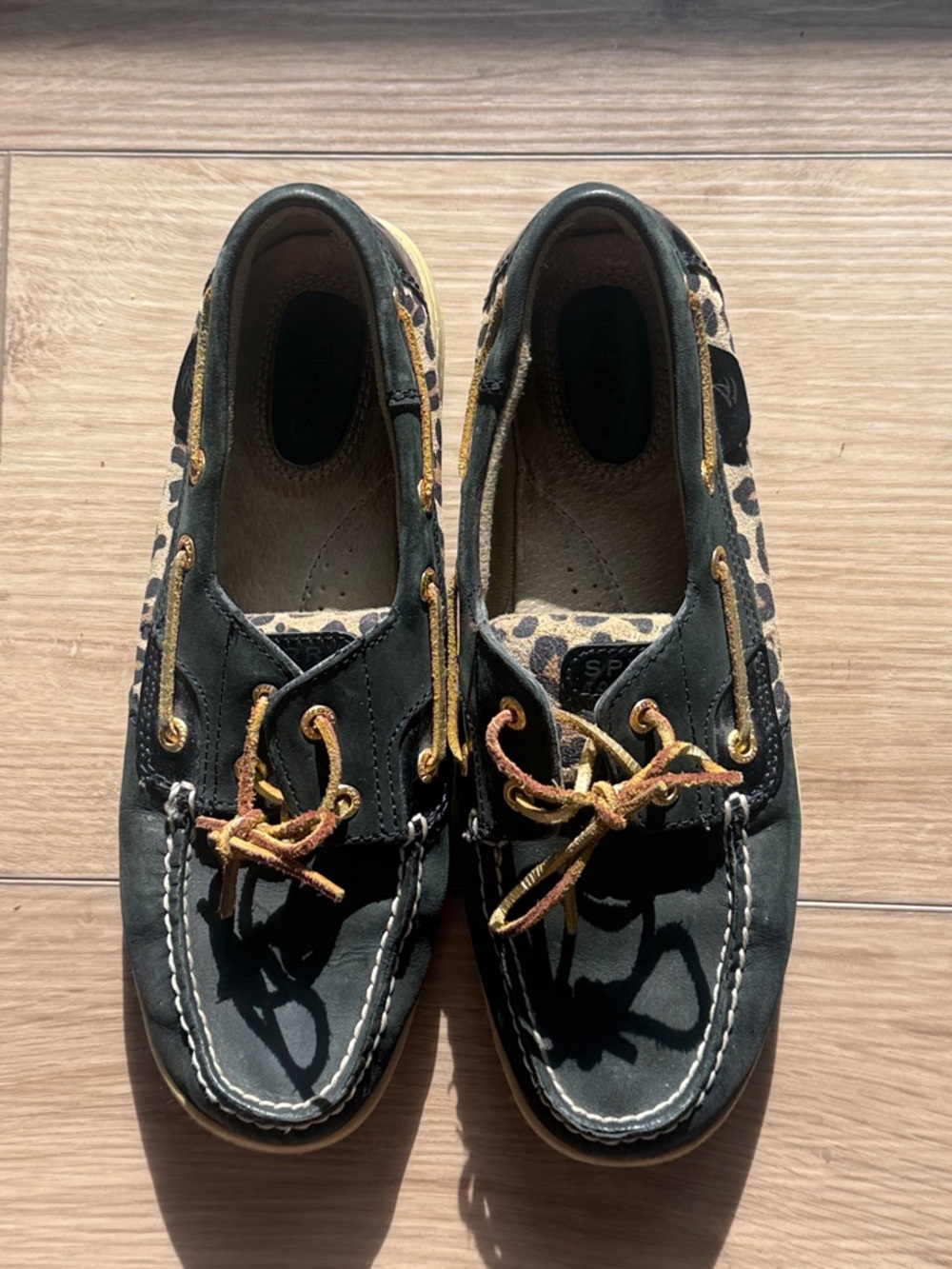 Sperry Black & Leopard Print Boat Shoes with Gold Eyelets